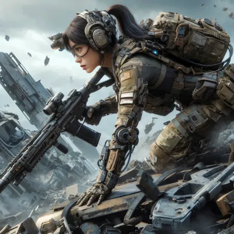  Realistic Near Future 、 realistic expression、Standing in the dust 、 Beautiful Japanese Women in Allied Special Forces 、JPN Mark 、 Damage Battle Suit 、Futuristic headgear、 pack-type energy bag and blaster gun connected by a single cable、 blaster gun is a f...