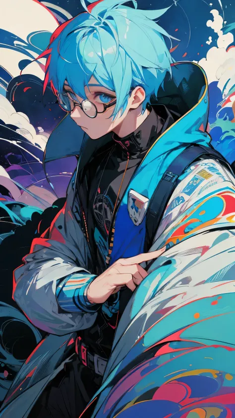 20-year-old man,  round glasses,Cool series,  Creative Art ,universe,  colorful,  is amazing,
streetwear fashion,Blue Hair/ light blue hair,  blue eyes, 
Dark,horror 