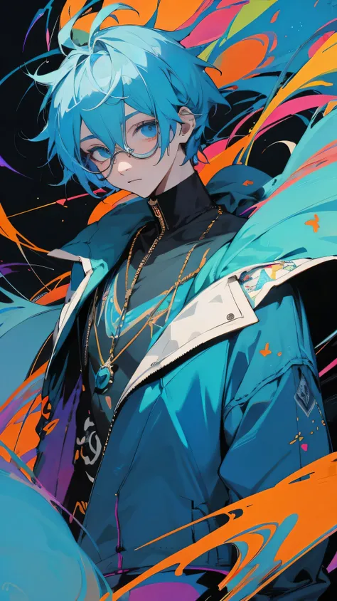 20-year-old man,  round glasses,Cool series,  Creative Art ,universe,  colorful,  is amazing,
streetwear fashion,Blue Hair/ light blue hair,  blue eyes, 
Dark,horror 