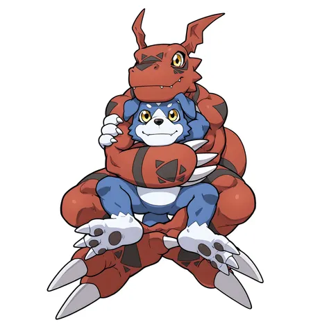 bare hands, guilmon, gaomon, digimon (creature), dog boy, blue body, furry, dog, dog tail, blue fur, yellow eyes, high quality, male, two characters, white background, no background, guilmon is bigger, (choke hold, chokehold, guilmon has gaomon in a headlo...