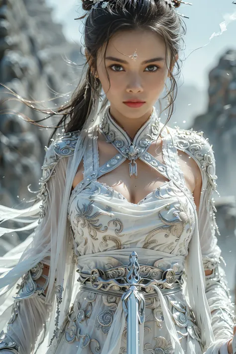 (masterpiece, RAW, 32K, UHD, hyper realistic, best quality), swordswoman,1girl (Beautiful face, supermodel) ,seductive smile, black hair ,blue sky, blurry, brown eyes ,closed mouth ,cloud ,day ,eyelashes ,grey eyes, holding sword, lips ,long hair, looking ...