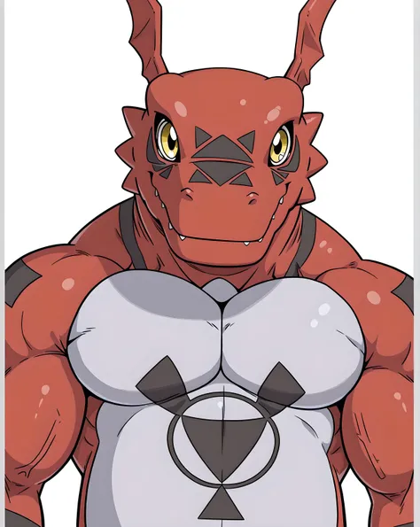 guilmon, digimon (creature), high quality, male, solo, white background, no background, looking at viewer, posing, (half body, half view), muscular arms, thick arms, muscular neck