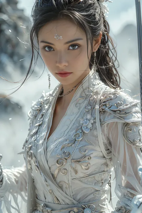 (masterpiece, RAW, 32K, UHD, hyper realistic, best quality), swordswoman,1girl (Beautiful face, supermodel) ,seductive smile, black hair ,blue sky, blurry, brown eyes ,closed mouth ,cloud ,day ,eyelashes ,grey eyes, holding sword, lips ,long hair, looking ...