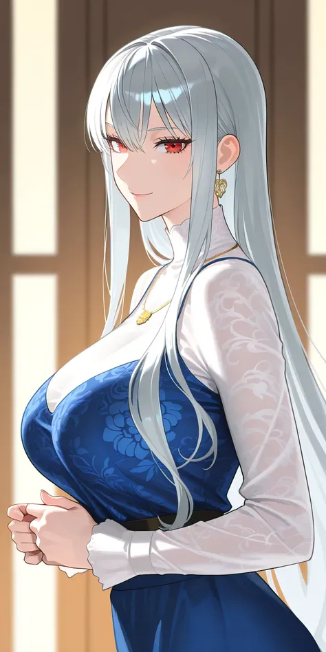 Masterpiece, elegant mature woman, selvaria bles, red eyes, casual clothes, long sleeve shirt, tall body, upper body, dynamic lighting, ultra detailed, highres, absurdres, senjou no valkyria (series), mik blamike art style, newest, blue dress with long sle...