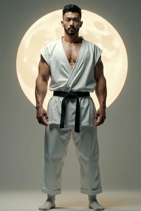 4k, realistic, YOUNG east asian muscle male, van dyke beard, short black hair, white karate suit with no sleeves, white socks, moon in background