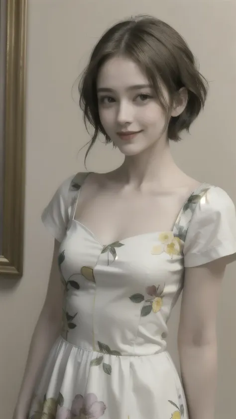 358 (20-year-old woman),( short hair ), ( High Definition Photos ), (smile), (colorful floral dress), (Leonardo da Vinci paintings)