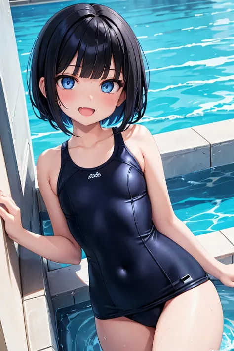 best quality，high resolution， 1girl ，blue eyes，short hair，Black hair，blunt bangs，flat chest，opened mouth，Smug mouth with fang，very wet，school swimsuit，Smile，pool