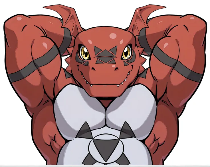 guilmon, digimon (creature), high quality, male, solo, white background, no background, big, looking at viewer, posing, (half body, half view), muscular arms, thick arms, hands behind head, lats, pecs, biceps, bulging muscles