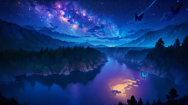 超 high definition,  high definition,  high quality , Spectacular Scenery ,((息をのむような美しい Milky Way銀河))),((( large groups of cobalt blue morpho butterflies flying above the water)). shot with a fisheye lens ,((( mystical atmosphere ))), Beautiful Sunset , Maj...