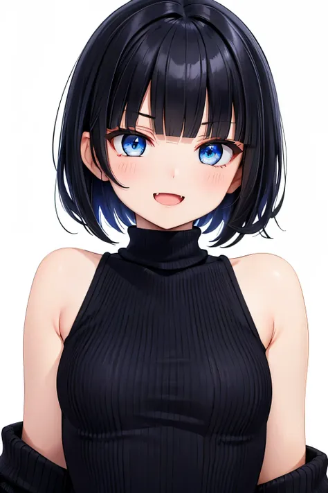 best quality，high resolution， 1girl ，blue eyes，short hair，Black hair，blunt bangs，flat chest，opened mouth，Smug mouth with fang，Smile，sleeveless sweater