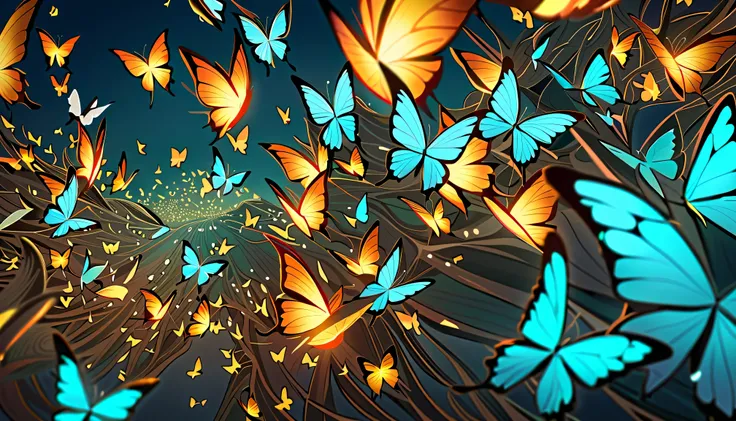 (Macro perspective, many) (glowing butterflies,   exquisite and complete wings  ) (glow) ( blue, Teal, sky  blue) ( high quality,  at its best ,   complex flat texture material background), (Very, dense)  detailed (And intricate  )