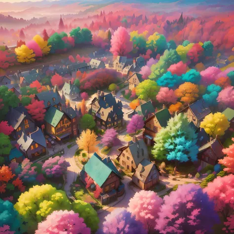  colorful trees surround a small village in a fantasy world, magical world.  colored bus, 8 K, Bela arte UHD 4K, extraordinary  colored bus landscape,  colored bus hd picure,  colored bus 8 K,  colored bus concept art,  made of a fantasy tree and valley , ...