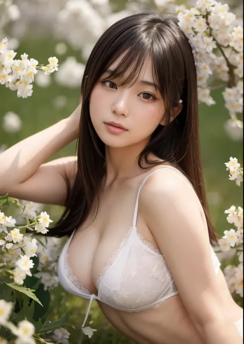 sexy sensual japanese girl, in field of rape blossoms