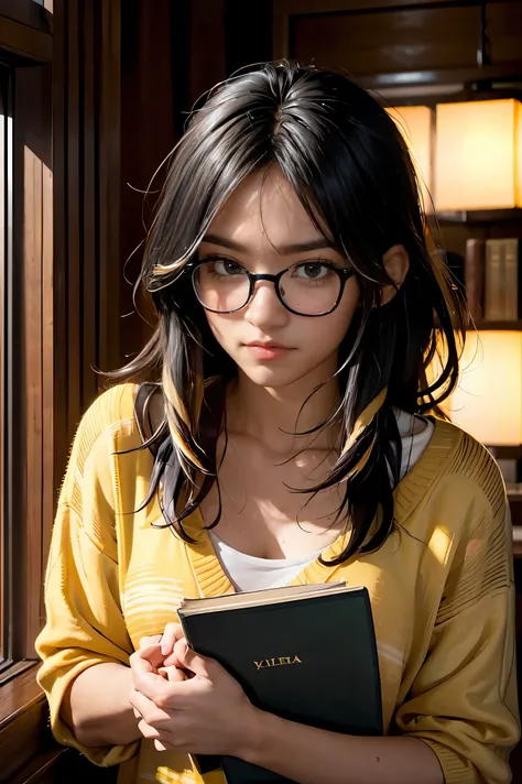 streaked hair, cinematic lighting, best quality, highres, yellow sweat, hand pursem, holding books, nerd, glasses,