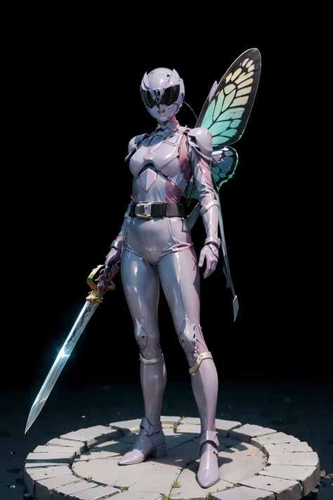 1girl, full body, Illustration, cinematic light, high resolution, best quality, ultra-detailed, masterpiece, power suit, powerranger, suit, kingohger, holding sword, butterfly wings