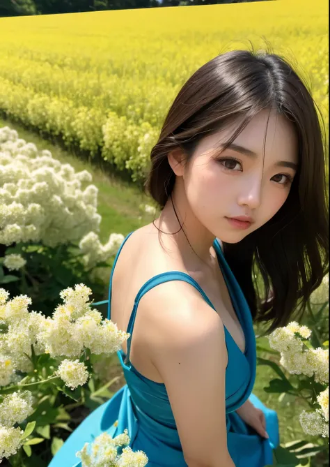 sexy sensual japanese girl, in field of rape blossoms