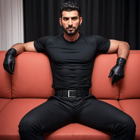 40 years old、handsome guy , One Man,。 black shirt 、 black slim pants 、Handsome Iraqi face 、On stage、 sit on the sofa、 black shirt、 black slim pants 、 upper body up　geff Bridges,　Front  　Menacing look　 black belt　 black gloves　　 black gloves