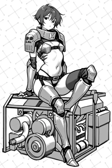  ((1girl)), solo,armor iron, wooman micro armor, (sexy,  white background, mad max character,((only line:1.2)), line art ,((black white:1.2)), sitting,  ((Masterpiece)), ((highest quality), high resolution,