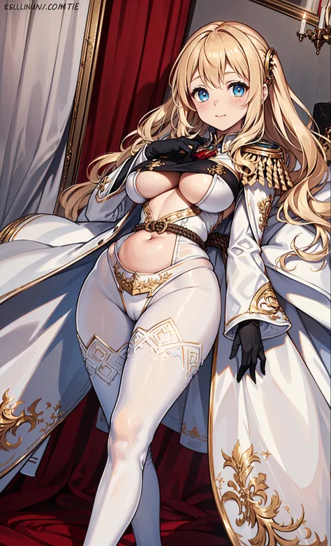 (( masterpiece)),(( top quality combat bed)),(( 8,000)),(( fantastic art )),( alone),1  girl ,The girl's figure ， Perfect Face , Fantasy World,(( white military long coat )),((White general uniform)),((Blonde curly hair)), Bazihu , ((compression white tigh...