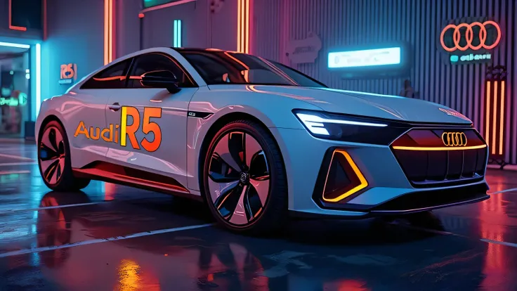 A stylish promotional thumbnail for a YouTube video featuring the Audi R5 E-Tron 2026, designed to attract viewers with vibrant colors and bold text.  
