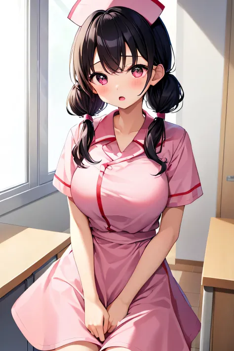  Masterpiece、 best image quality、 super high resolution、A Very petite, very short stature, very young kindergarten girl with big breasts、twin tail hairstyle、black hair、Red face、shyly、open your mouth just a little、short-sleeved pink pink nurse uniform for v...