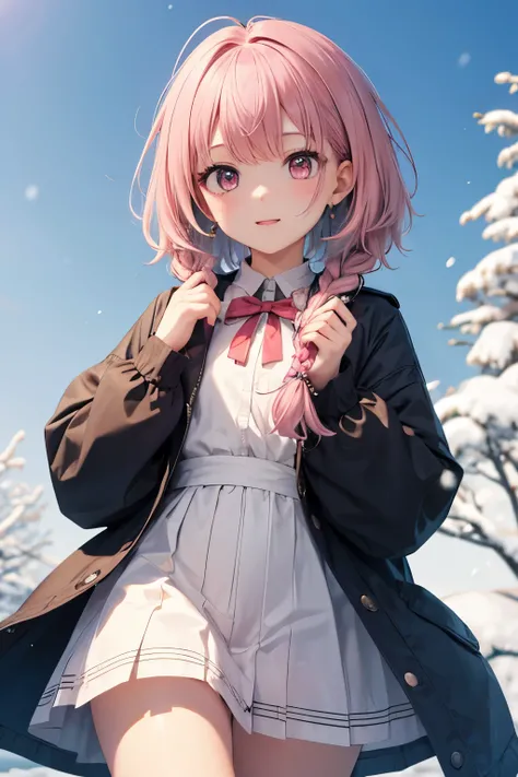 Young女の子、10th Generation、 light pink hair color 、 pink eyes、 short wolf hair 、Complicated hairstyle(bangs、 braided)、Cute clothes、 fantastic background around the face、snow、Young顔、Young、 ish