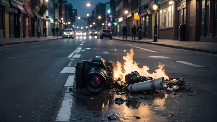 make a used professional photography camera, the camera is all dirty in the trash, lots of trash around it, closeup on the camera, in the middle of the street at night, realistic, street dirtyan explosion behind