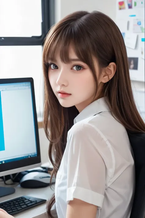 1girl, (a beauty girl, delicate girl, beautiful girl, innocent girl:1.3), (12yo:1.3),
break, (suit, shirt, skirt:1.3), sit on a chair, (display, computer),
break, (Under maintenance, office background:1.3),
break, very fine eyes, (symmetrical eyes:1.3),
br...