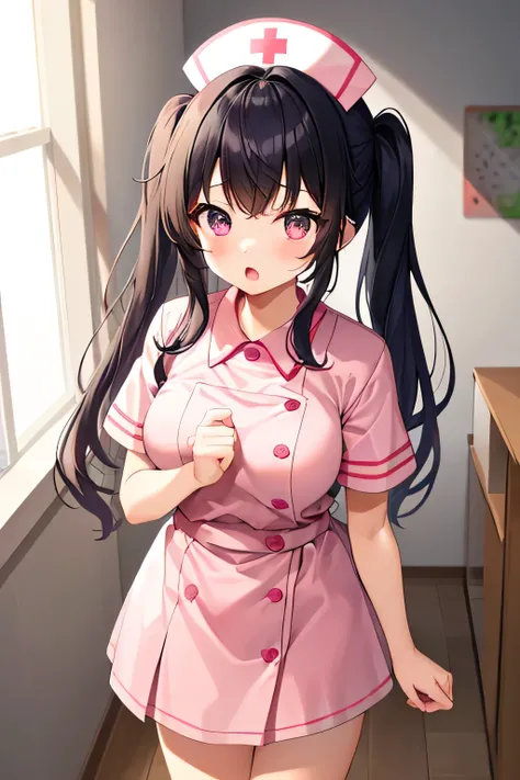  Masterpiece、 best image quality、 super high resolution、A Very petite, very short stature, very young kindergarten girl with big breasts、twin tail hairstyle、black hair、Red face、shyly、open your mouth just a little、short-sleeved pink pink nurse uniform for v...