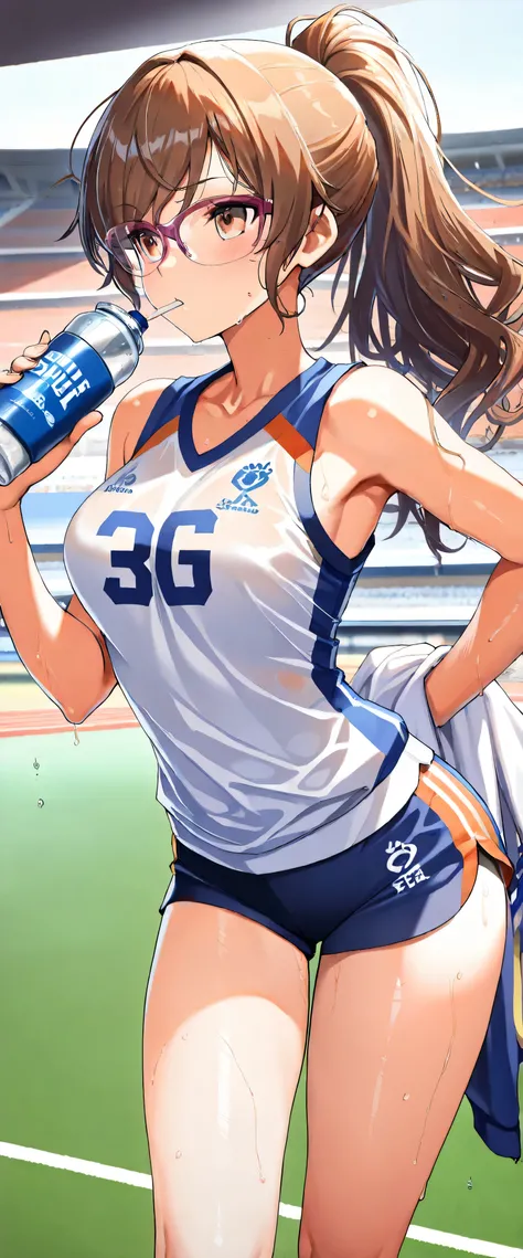 ((( Masterpiece)))、(( top quality))、( super detailed)、(CG illustration)、(Very beautiful woman))、 cinematic light 、((1 Female))、 、(Beautiful and luxurious:1.2)、( One Woman :1.3)Sports Stadium,,((Sleeveless track and field athletes ), I'm sweaty,Beautiful po...