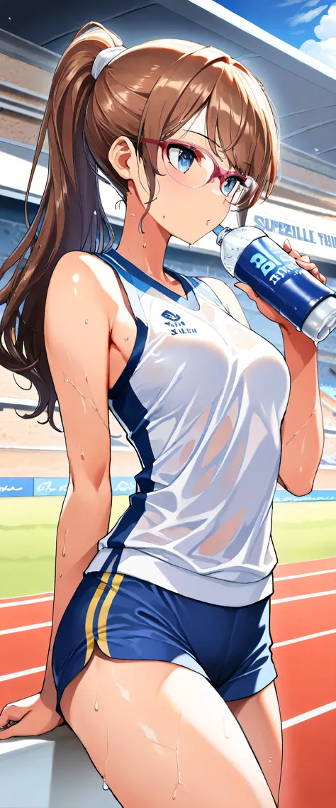 ((( Masterpiece)))、(( top quality))、( super detailed)、(CG illustration)、(Very beautiful woman))、 cinematic light 、((1 Female))、 、(Beautiful and luxurious:1.2)、( One Woman :1.3)Sports Stadium,,((Sleeveless track and field athletes ), I'm sweaty,Beautiful po...