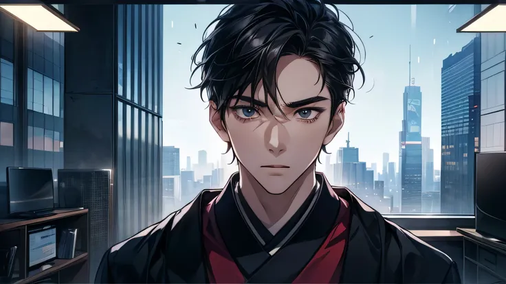 Japanese male　 handsome　  short dark hair 　　short cropped 　　 slim figure　　　　 wearing an oversized sweater　face super close up　 Full Glass Training Room Interior　　　　 Outside is a group of futuristic city skyscrapers on a cold day 　もっとface super close up　　Co...