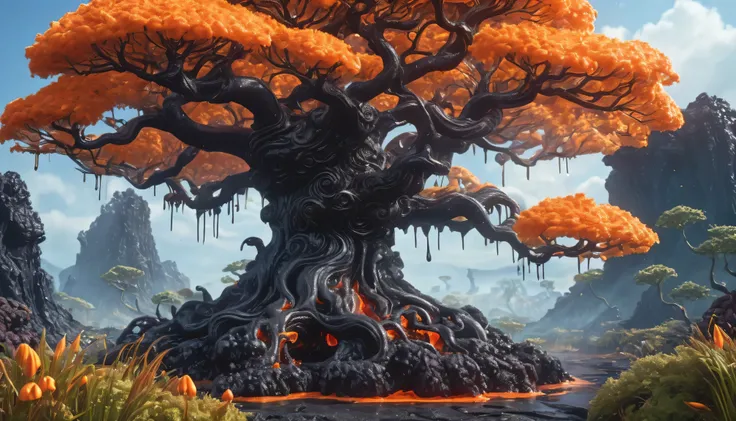   Best Quality , very good, 16K, Ridiculous,  Extremely Detailed, The lovely slime tree ，  horn is made of translucent boiling lava,  background prairie （（ A masterpiece full of fantasy elements）））， （（  Best Quality ））， （（ complicated details））（ 8,000）