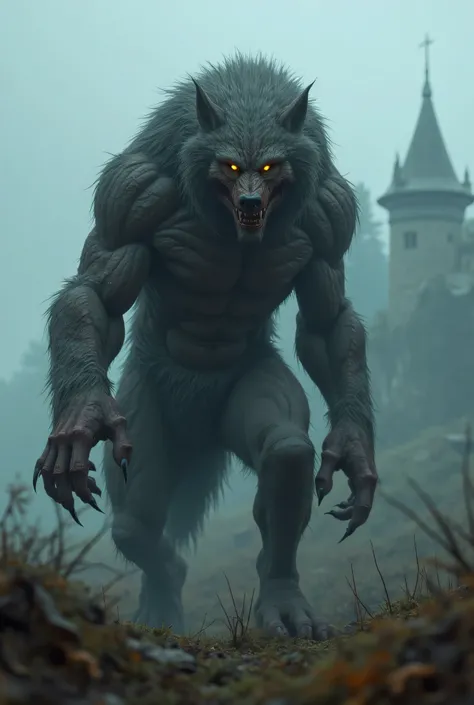 "A muscular legendary werewolf with coarse, matted fur stained in the blood of centuries stands in the misty countryside of Gévaudan, locking eyes with the camera. Its eerie yellow eyes glow with a sinister intensity, and deep scars crisscross its monstrou...