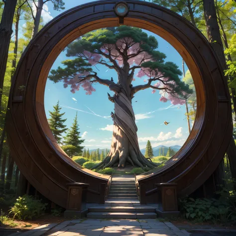  a salmon-colored tree of life with a dewdrop portal in the center of it, It is surrounded by a forest colored in pastel colors 
