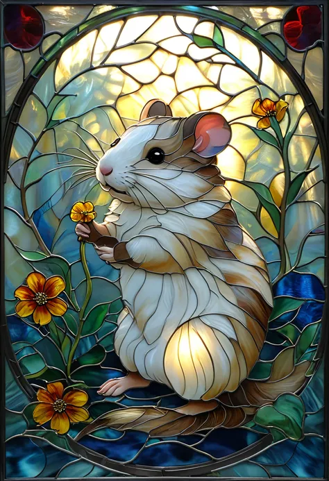 a close up of a stained glass window with a hamster, stained glass art, stained glass style, stain glass, stained glass, maplestory mouse, stained glass!!, on a stained glass window, maxim verehin stained glass, stained glass background, mouse, anthropomor...