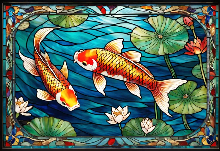 Brilliant carp（Carp）
A vibrant stained glass illustration of a Japanese koi fish swimming gracefully in a rippling pond. The koi has shimmering golden and red scales, while the water is depicted in deep blues and turquoise. Lotus flowers and lily pads surr...