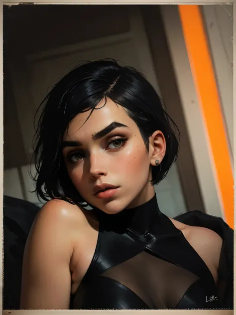 oil painting close up portrait, young face, dua lipa woman with short bob cut black hair and bangs, black one piece suit, black nylon tights and sleeves, war propaganda poster, in a hazy dark gray mist, close up portrait of face, orange neon light, quietly...