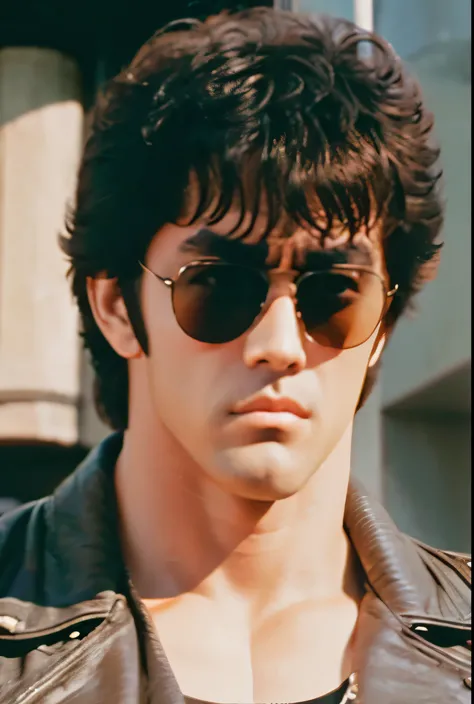 From front,, Kenshiro's Hairstyle , short disheveled hair, Brown Hair, thick eyebrows, 、 from directly above、 sunglasses