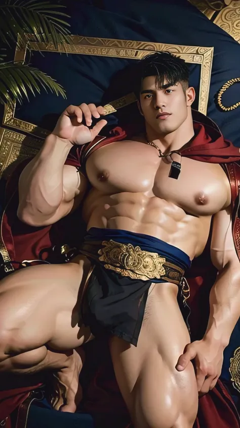 One strikingly handsome 18-year-old Chinese emperor with a face of unparalleled beauty and resembling Korean actors, full-body render of Tangaroa's physique (Tokyo Afterschool Summoners), 100% game-accurate muscle structure: Herculean proportions with inhu...