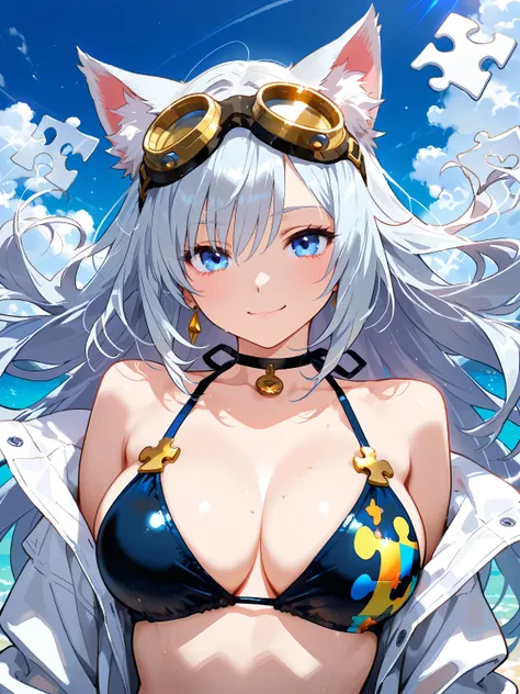  HDR animation  , ((A woman composed of puzzle pieces、A world made up of puzzle pieces :1.4))Swimsuit costume composed of puzzles、Cat ears、(Put gold precision goggles on your head:1.15), (Upper body shot from 上の角度:1.3)、(Puzzle piece illustration 、 An illus...