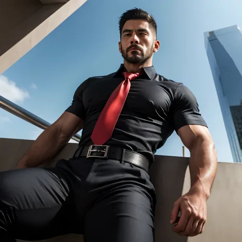 37 years old、handsome guy , One Man,、 muscularity、Asian handsome face 。 black shirt , red tie、 black slim pants 、Skyscraper rooftop、 on the lawn 、sit。 black shirt、 red tie、 black slim pants 、 upper body up　geff Bridges,　Front  　Menacing look　 black belt　 b...