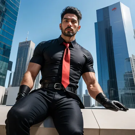 37 years old、handsome guy , One Man,、 muscularity、Asian handsome face 。 black shirt , red tie、 black slim pants 、Skyscraper rooftop、 on the lawn 、sit。 black shirt、 red tie、 black slim pants 、 upper body up　geff Bridges,　Front  　Menacing look　 black belt　 b...