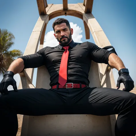 37 years old、handsome guy , One Man,、 muscularity、 arabic face 。 black shirt , red tie、 black slim pants 、Shallow Sea、 on the lawn 、sit。 black shirt、 red tie、 black slim pants 、 upper body up　geff Bridges,　Front  　Menacing look　 black belt　 black gloves　 a...