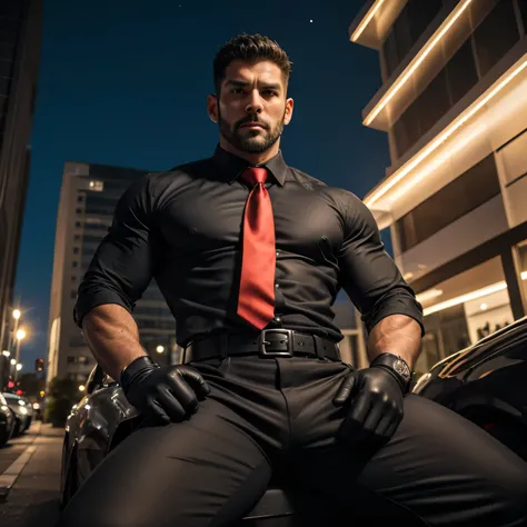 37 years old、handsome guy , One Man,、 muscularity、Asian handsome face 。 black shirt , red tie、 black slim pants 、Parking lot at night、 on the lawn 、sit。 black shirt、 red tie、 black slim pants 、 upper body up　geff Bridges,　Front  　Menacing look　 black belt　...