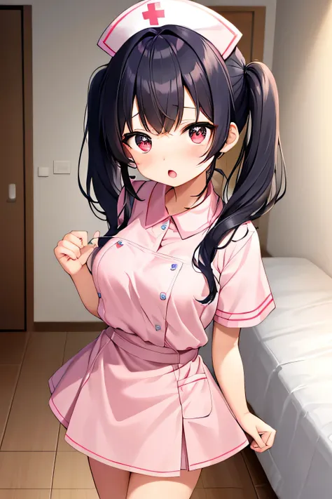  Masterpiece、 best image quality、 super high resolution、A Very petite, very short stature, very young kindergarten girl with big breasts、twin tail hairstyle、black hair、Red face、shyly、open your mouth just a little、short-sleeved pink pink nurse uniform for v...