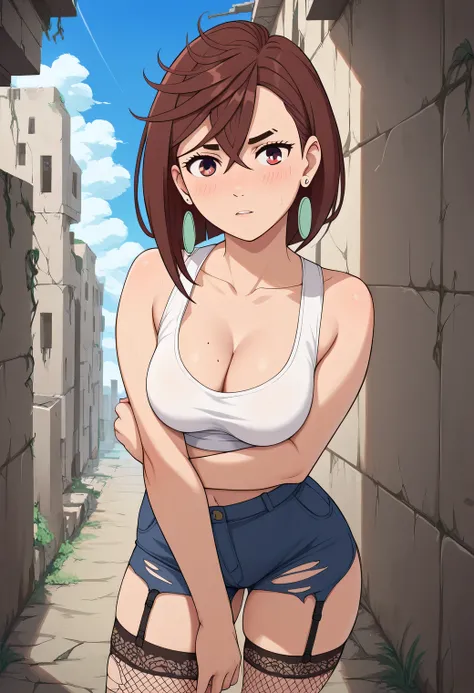 momo ayase, short hair, brown hair, brown eyes, bangs, thick eyebrows, medium breasts,,、CLEAVAGE, , earrings, blush, cleavage, Amidst the ruins of a once-great city, now overgrown with nature, a woman stands atop a crumbling building. Her attire is a mix o...