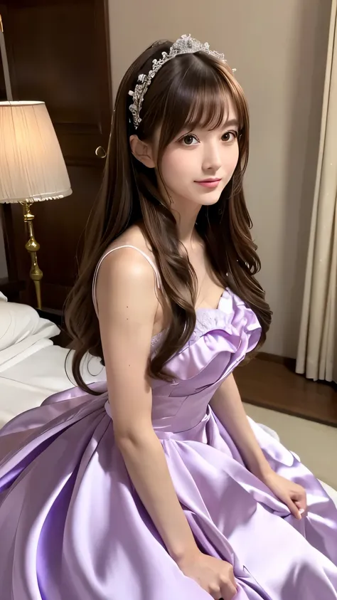 (((Top Quality))), (((Masterpiece))), (((Detail))), tall, looking at camera, face-to-face, pure purple shiny silk satin ruffle girly empire length wedding dress, hands thrust forward, Japanese, brown hair, long hair, gorgeous room,. Gorgeous ribbon hair ac...