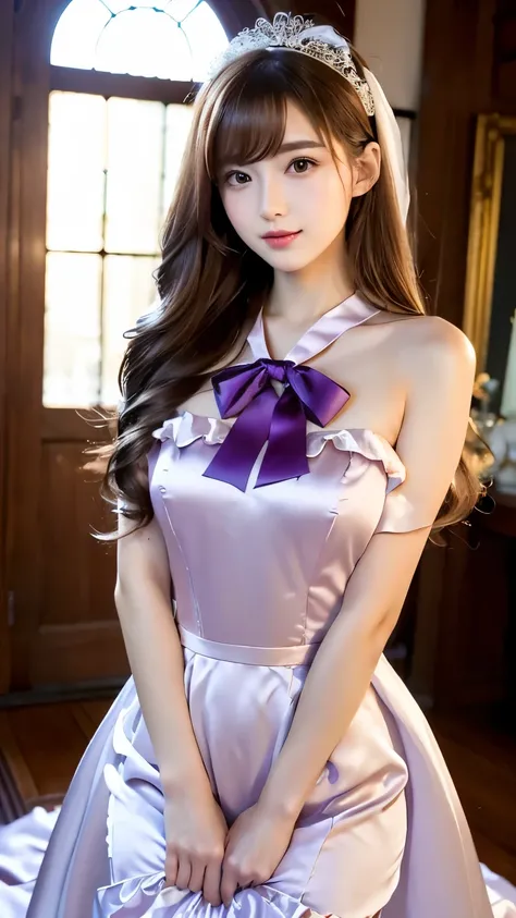 (((Top Quality))), (((Masterpiece))), (((Detail))), tall, looking at camera, face-to-face, pure purple shiny silk satin ruffle girly empire length wedding dress, hands thrust forward, Japanese, brown hair, long hair, gorgeous room,. Gorgeous ribbon hair ac...