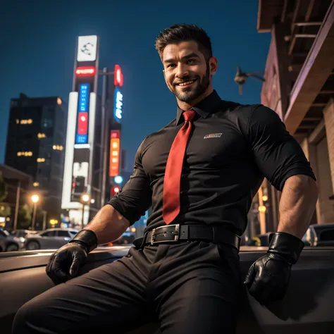 37 years old、handsome guy , One Man,、 muscularity、Asian handsome face 。 black shirt , red tie、 black slim pants 、Parking lot at night、 on the lawn 、sit。 black shirt、 red tie、 black slim pants 、 upper body up　geff Bridges,　Front  　Menacing look　 black belt　...